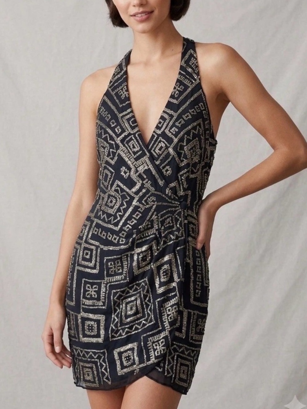 Parker Silk Black Gold Mini Dress S Geometric Beaded Cocktail Party Glam Wedding